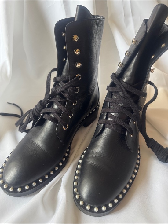 Stuart Weitzman Shoes - Stuart Weitzman Black Leather Combat Boots with Pearl Studs
